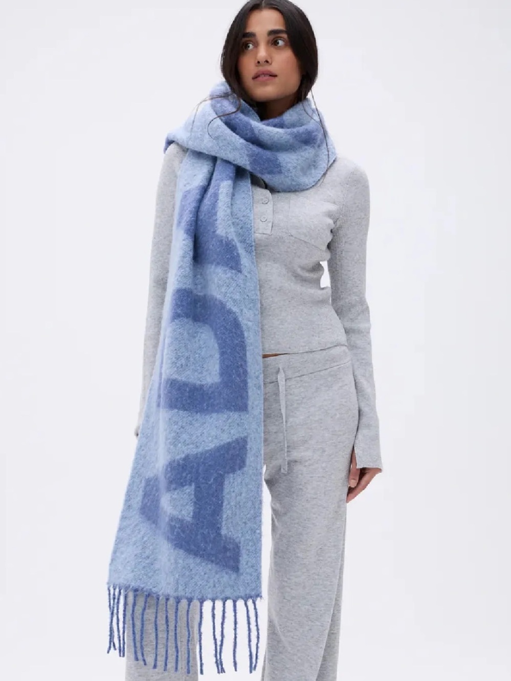 Adanola Blue Logo Fringed Wool Blend Scarf